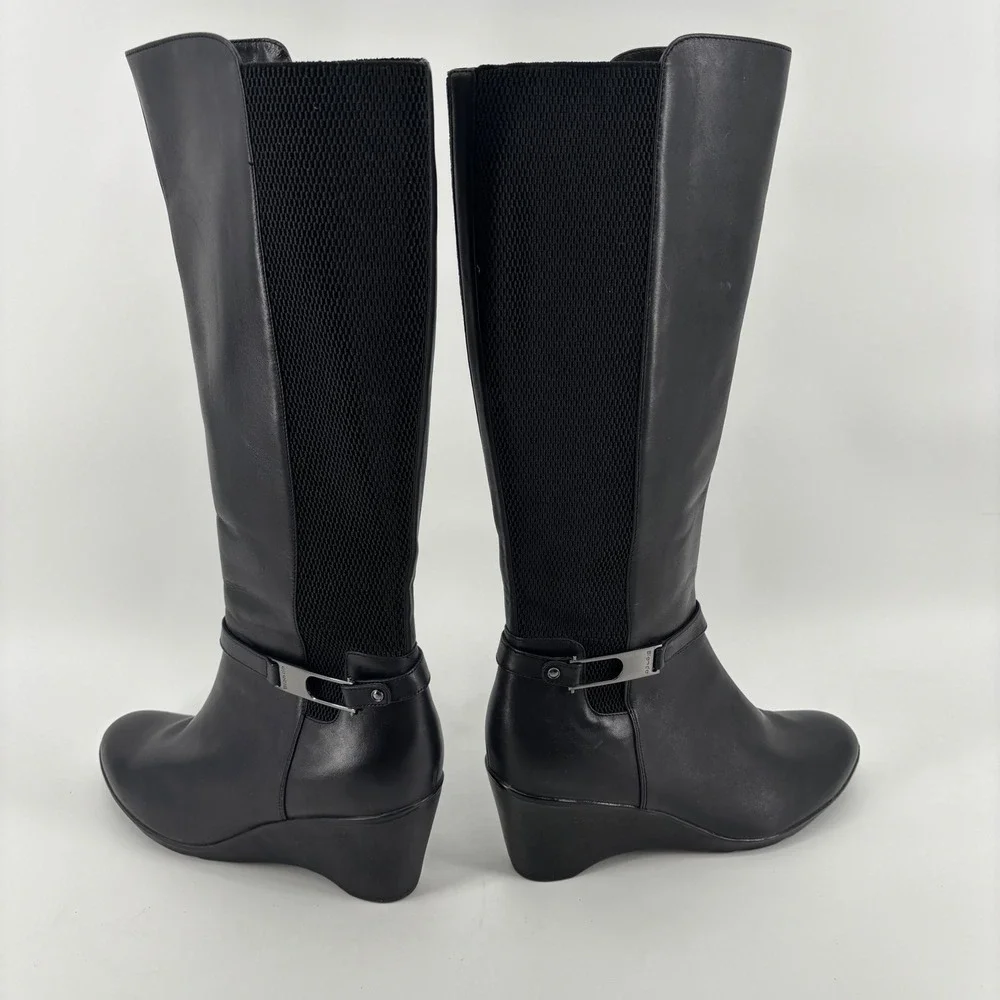 Blondo Womens Knee High Wedge Boots 11M Black Leather Waterproof Rainy Day Chic